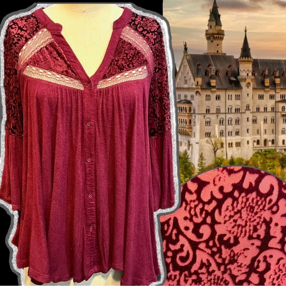 Renaissance peasant top blouse burnout velvet‎ floral babydoll swing burgundy - Picture 1 of 16